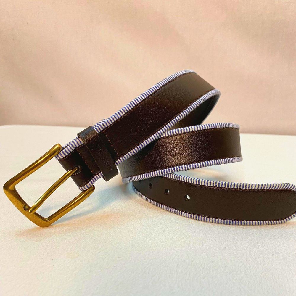 💎Nautica Unisex Darkest Brown Bonded Leather Stripe Fabric Belt Size 30